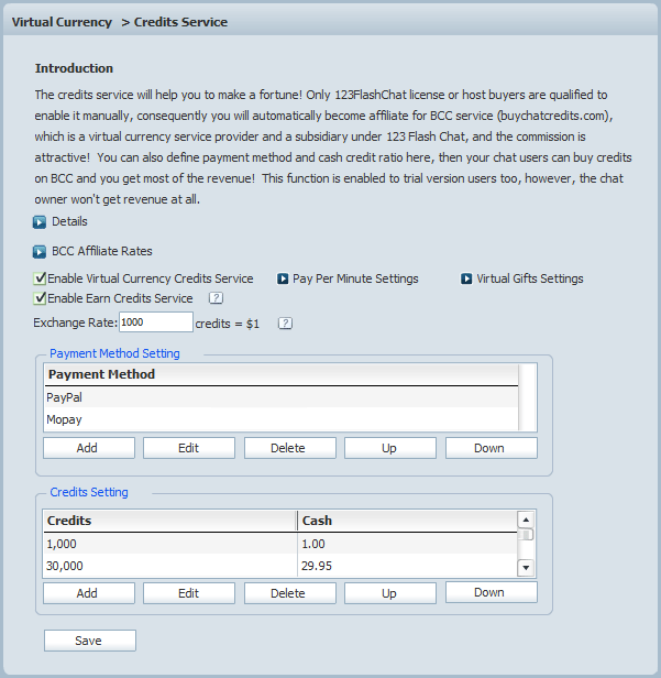 Credits Service Settings in Admin Panel of 123 Flash Chat, Chat Software